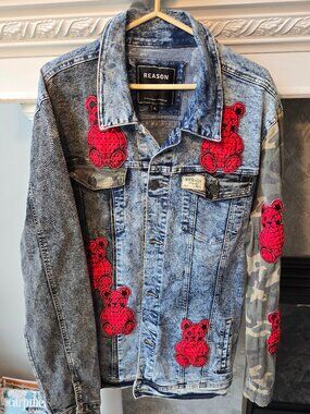 Reason New York Patchwork Denim Jacket XL Teddy Bear Camo Streetwear Acid Wash